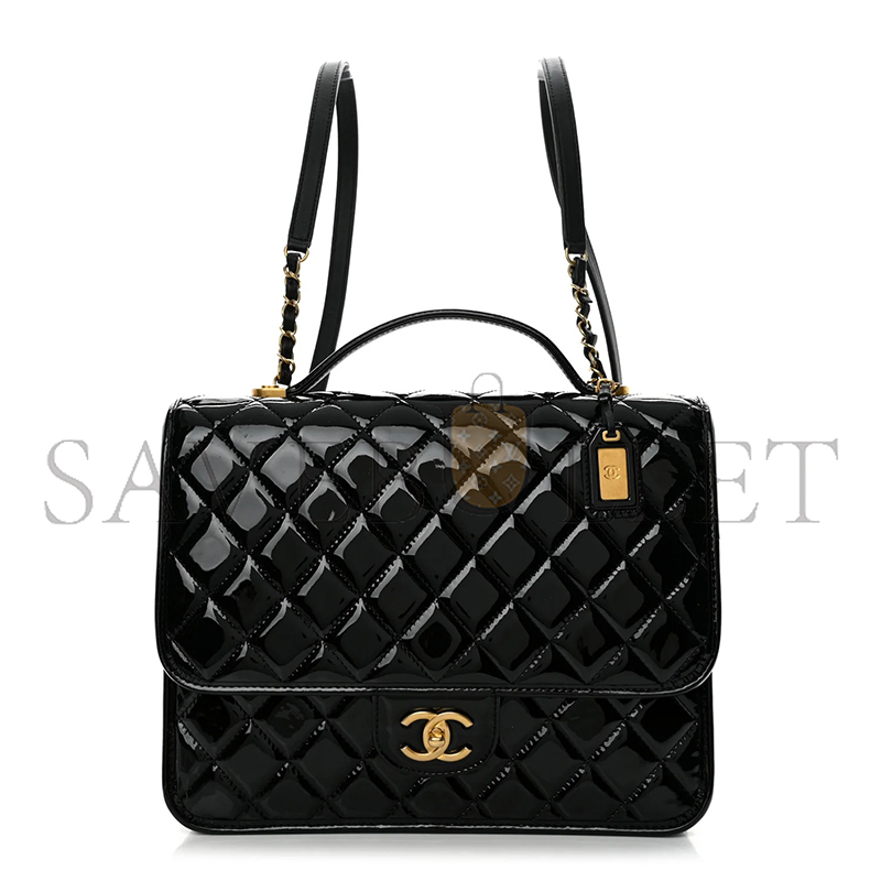CHANEL LARGE FLAP BACKPACK BLACK PATENT ANTIQUE GOLD HARDWARE (30*23*10cm)